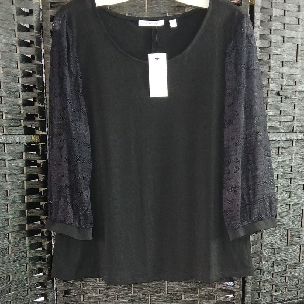 NWT Notations Black Lace Sleeves Women's Top SZ L